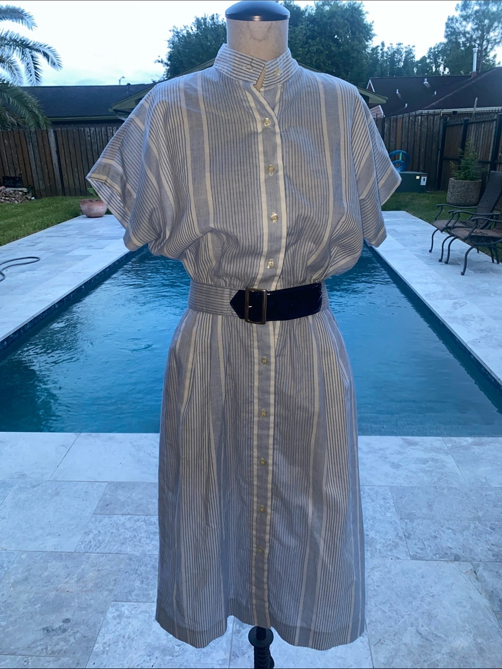Blue and White Striped Midi Shirt Dress with Belt